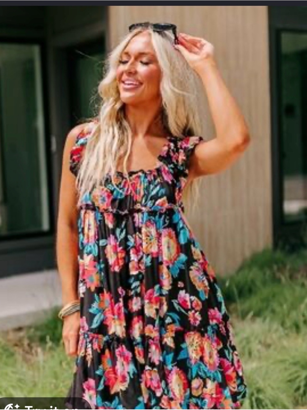 Millibon Black Floral Tiered Mini Dress with Multicolor Blooms